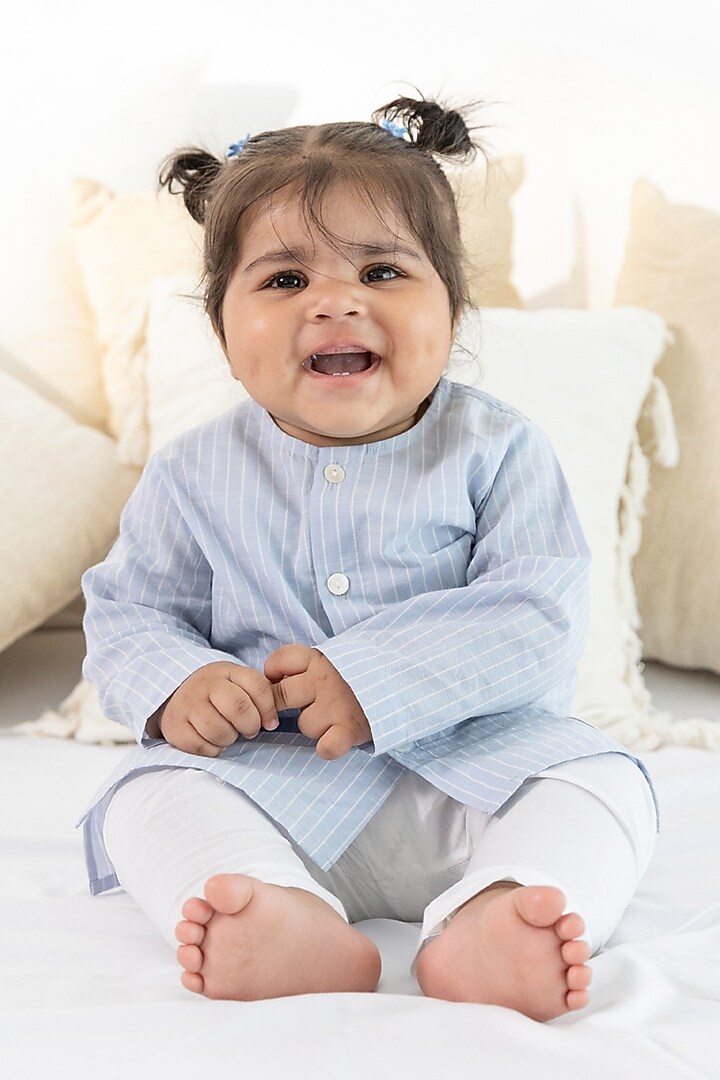 Blue Cotton Striped Printed Kurta Set For Kids by Tiber Taber at Pernia's Pop Up Shop