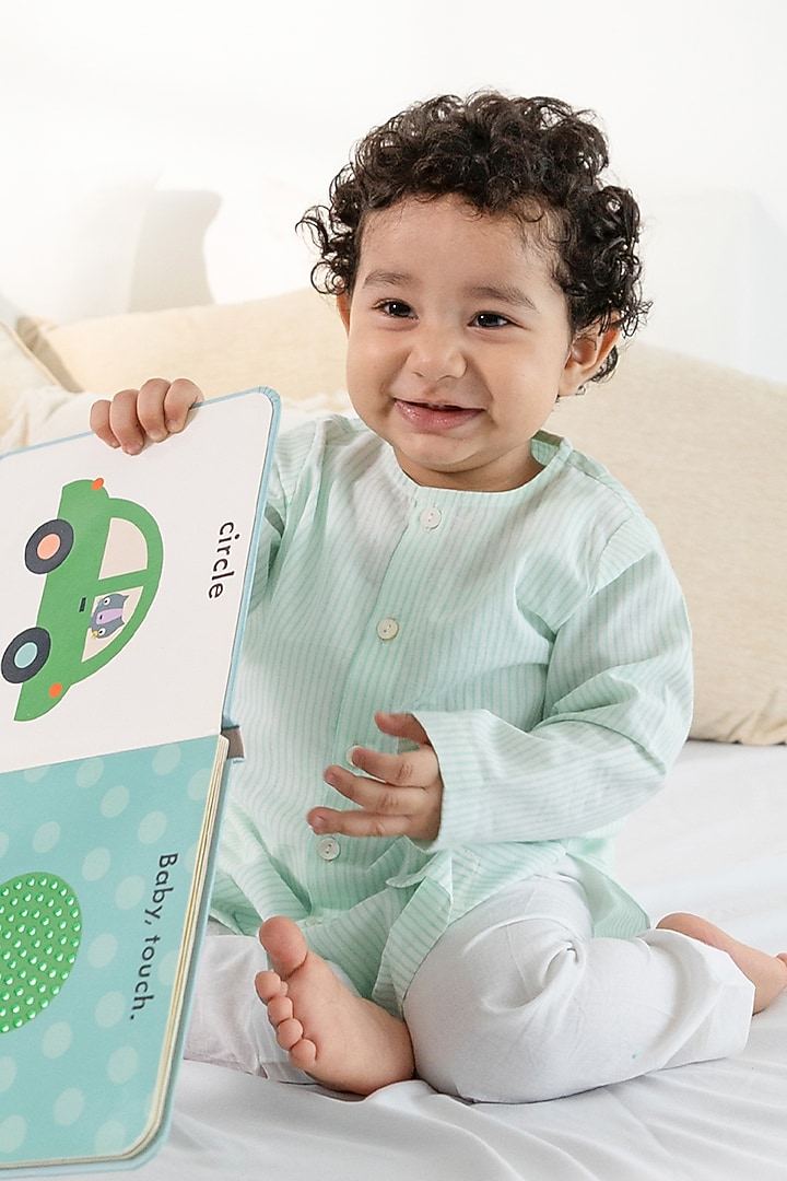 Green Cotton Striped Printed Kurta Set For Kids by Tiber Taber at Pernia's Pop Up Shop