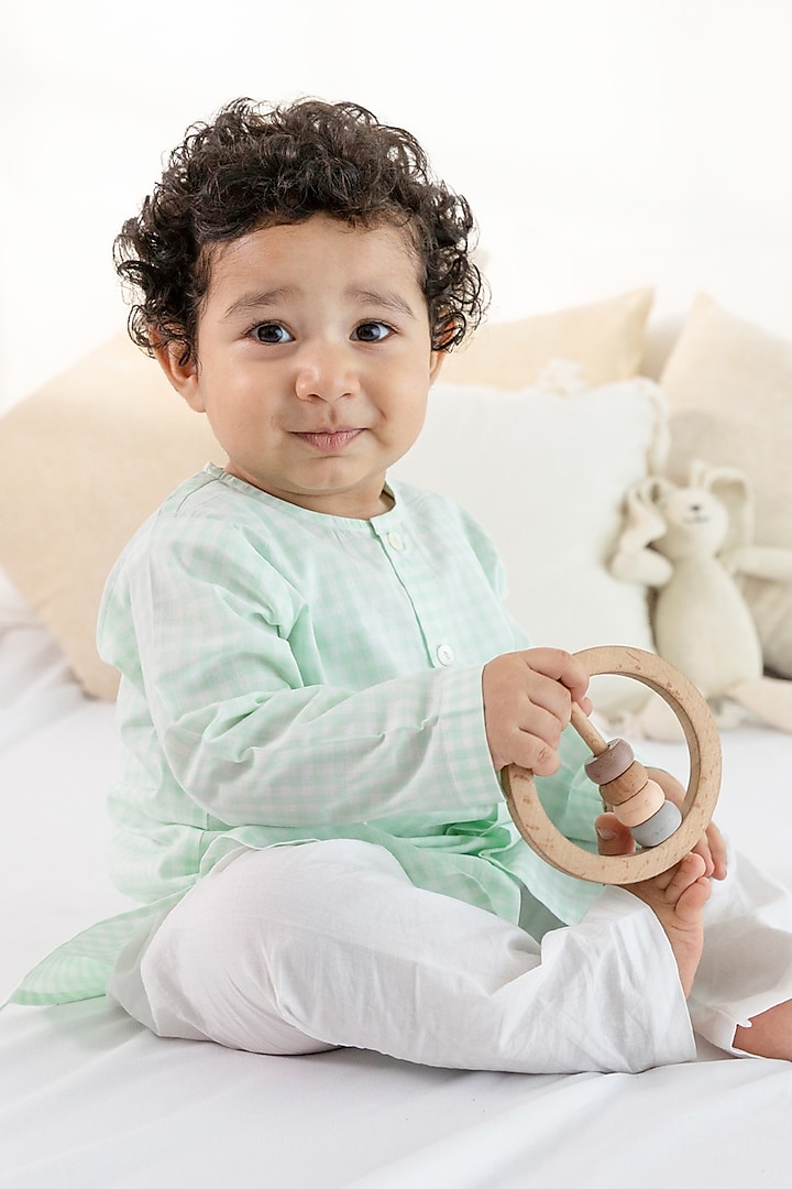 Green Cotton Checkered Printed Kurta Set For Kids by Tiber Taber at Pernia's Pop Up Shop
