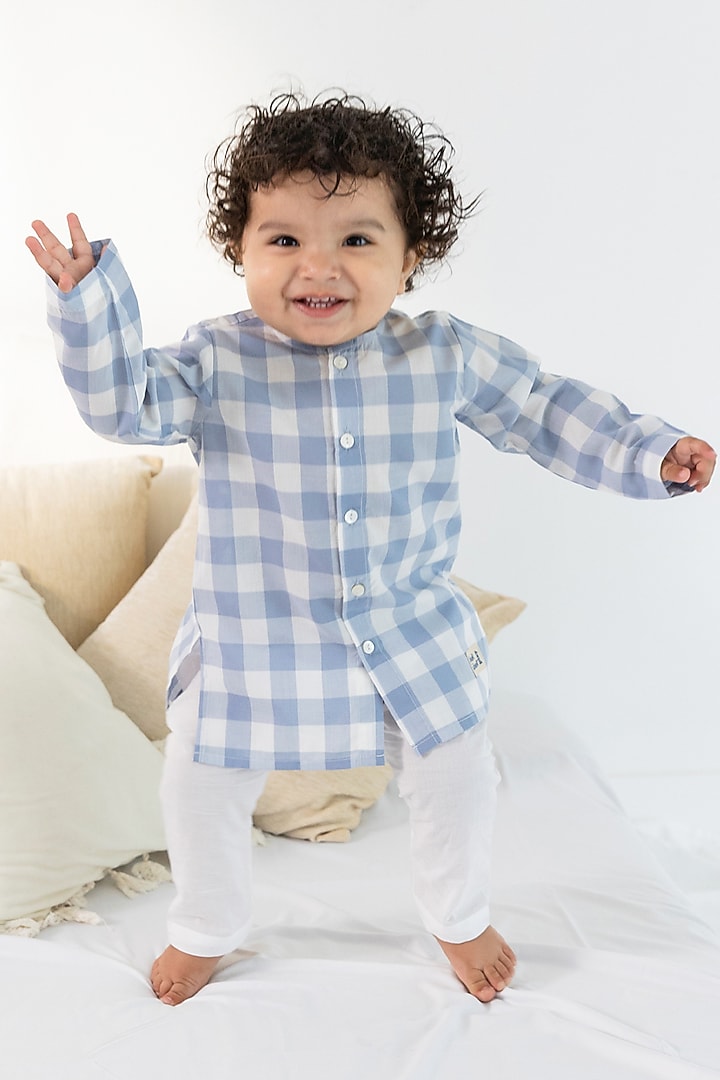 Blue Cotton Checkered Printed Kurta Set For Kids by Tiber Taber at Pernia's Pop Up Shop