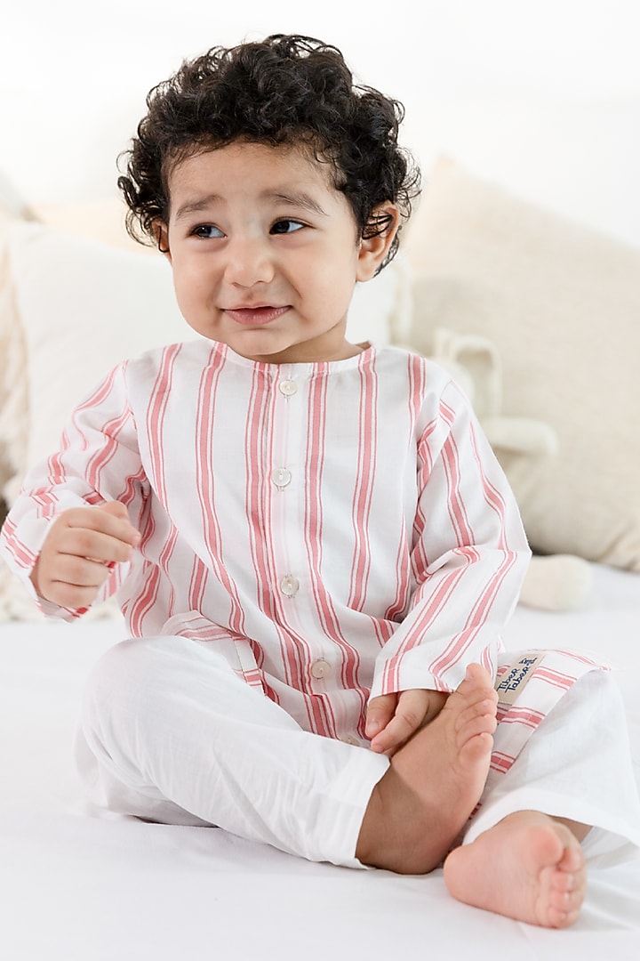 Orange Cotton Striped Printed Kurta Set For Kids by Tiber Taber at Pernia's Pop Up Shop