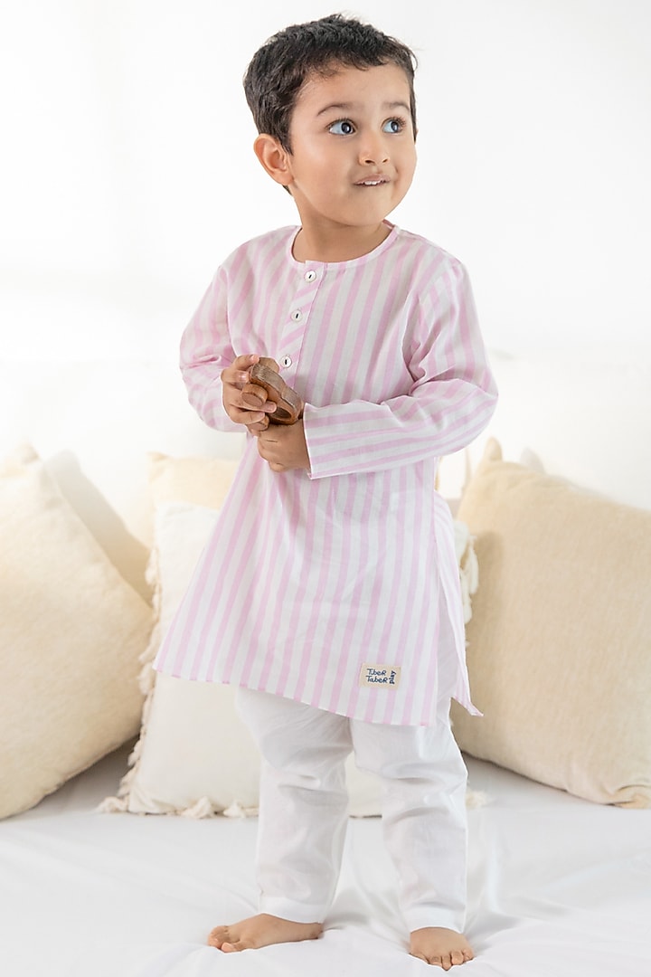 Pink Cotton Striped Printed Kurta Set For Kids by Tiber Taber at Pernia's Pop Up Shop