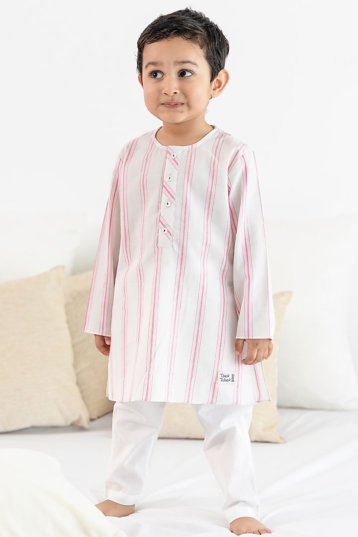 Pink Cotton Striped Printed Kurta Set For Kids by Tiber Taber at Pernia's Pop Up Shop
