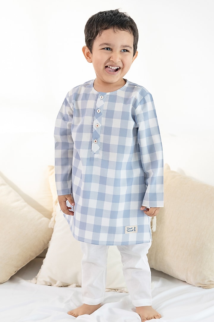 Blue Cotton Checkered Printed Kurta Set For Kids by Tiber Taber at Pernia's Pop Up Shop