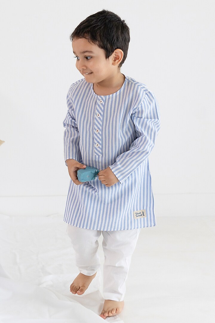 Blue Cotton Striped Printed Kurta Set For Kids by Tiber Taber at Pernia's Pop Up Shop
