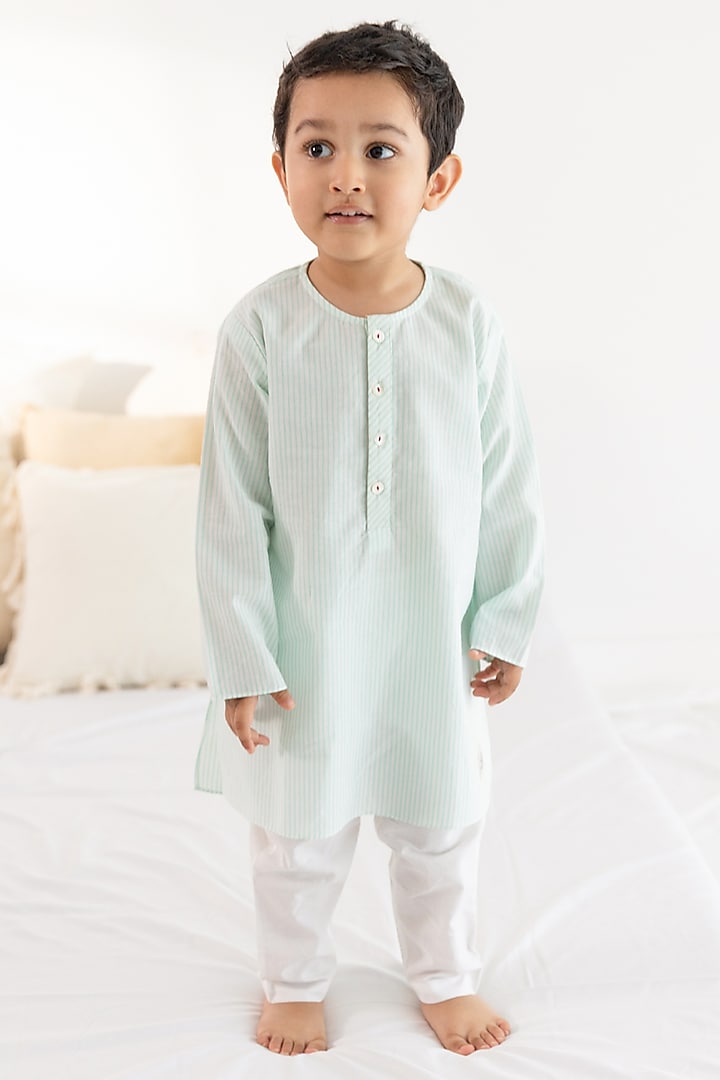 Green Cotton Striped Printed Kurta Set For Kids by Tiber Taber at Pernia's Pop Up Shop