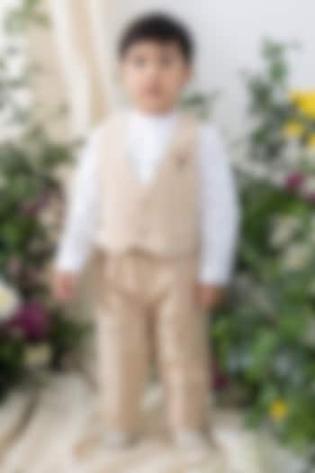 Beige Cotton Linen Blend Embroidered Waistcoat Set For Boys by Tiber Taber at Pernia's Pop Up Shop