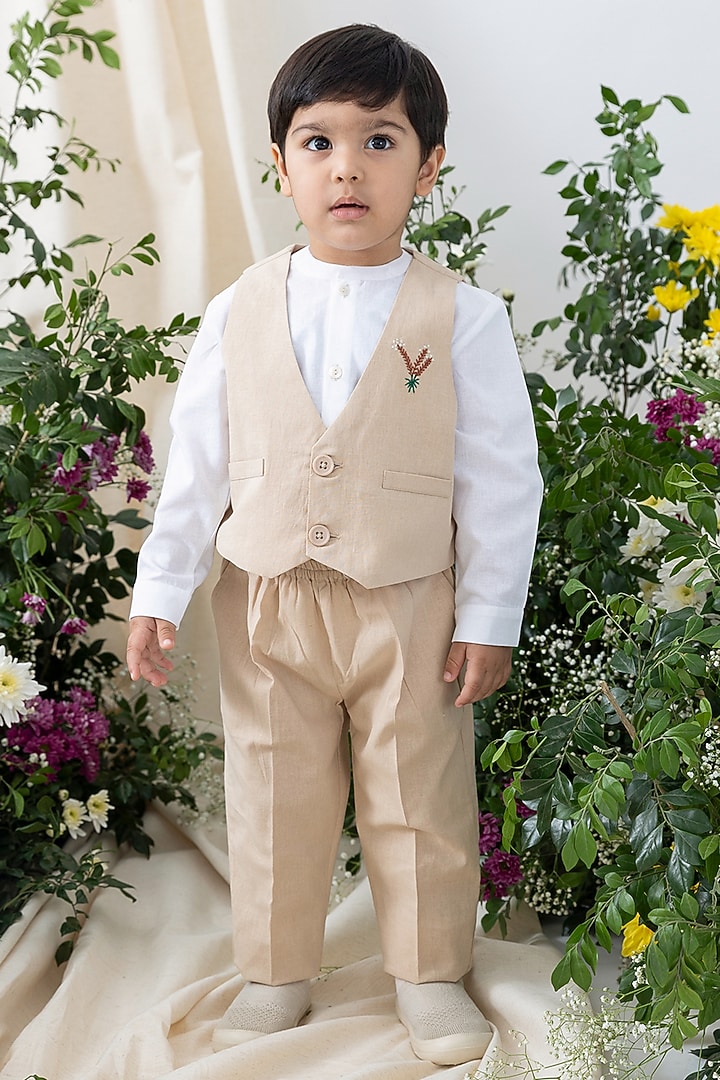 Beige Cotton Linen Blend Embroidered Waistcoat Set For Boys by Tiber Taber at Pernia's Pop Up Shop