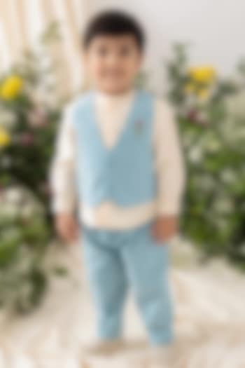 Blue Cotton Linen Blend Embroidered Waistcoat Set For Boys by Tiber Taber at Pernia's Pop Up Shop