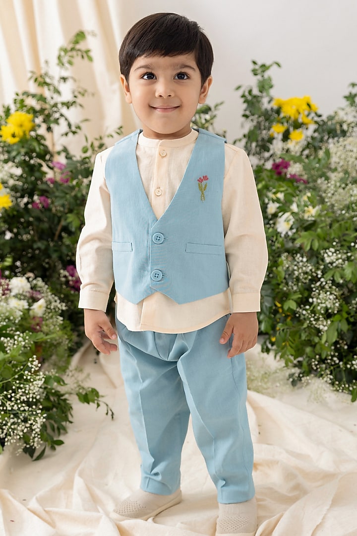 Blue Cotton Linen Blend Embroidered Waistcoat Set For Boys by Tiber Taber at Pernia's Pop Up Shop