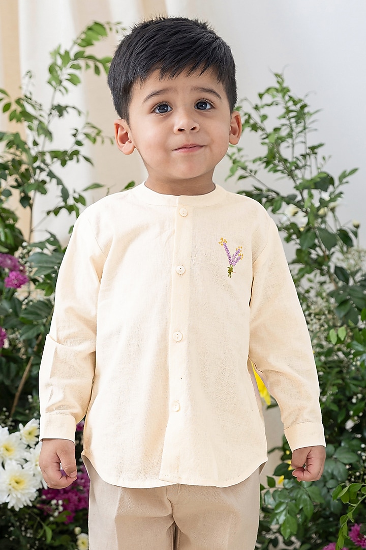 Cream Cotton Floral Embroidered Shirt For Boys by Tiber Taber at Pernia's Pop Up Shop