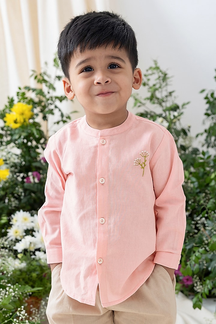 Pink Cotton Floral Embroidered Shirt For Boys by Tiber Taber at Pernia's Pop Up Shop
