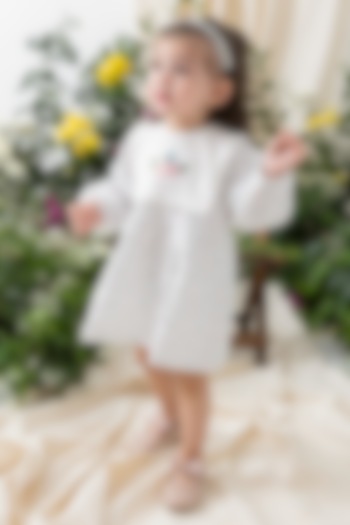 White Cotton Floral Printed & Embroidered Dress For Girls by Tiber Taber at Pernia's Pop Up Shop