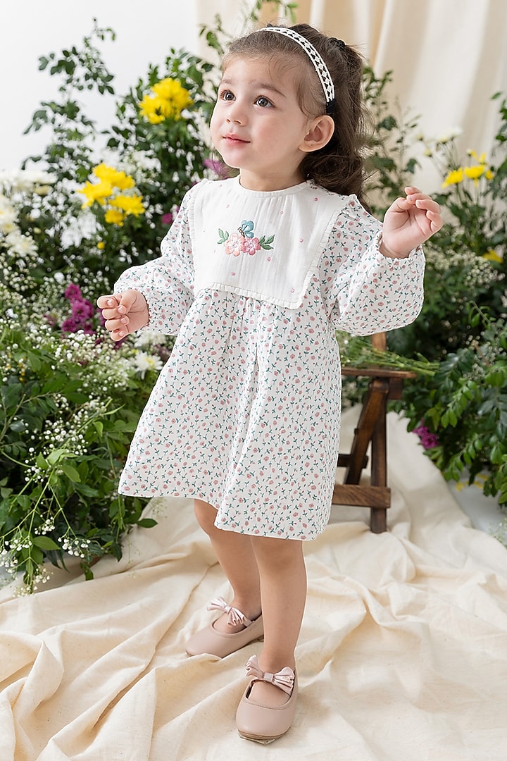 White Cotton Floral Printed & Embroidered Dress For Girls by Tiber Taber at Pernia's Pop Up Shop