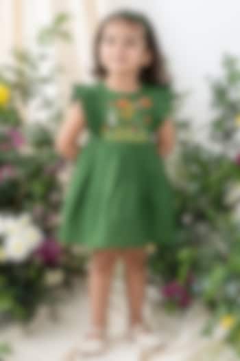 Green Cotton Floral Embroidered Dress For Girls by Tiber Taber at Pernia's Pop Up Shop