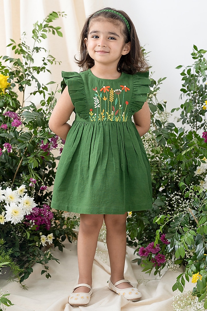 Green Cotton Floral Embroidered Dress For Girls by Tiber Taber at Pernia's Pop Up Shop