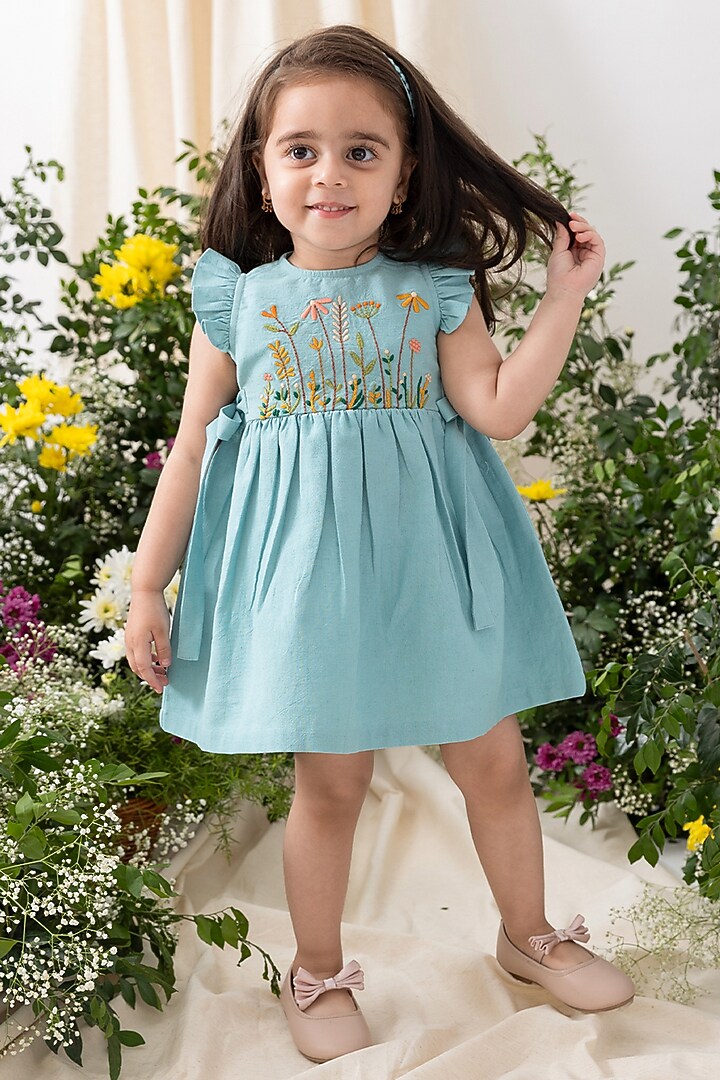 Blue Cotton Floral Embroidered Dress For Girls by Tiber Taber at Pernia's Pop Up Shop