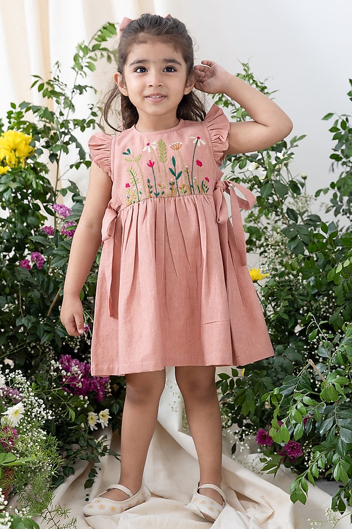 Pink Cotton Floral Embroidered Dress For Girls by Tiber Taber at Pernia's Pop Up Shop