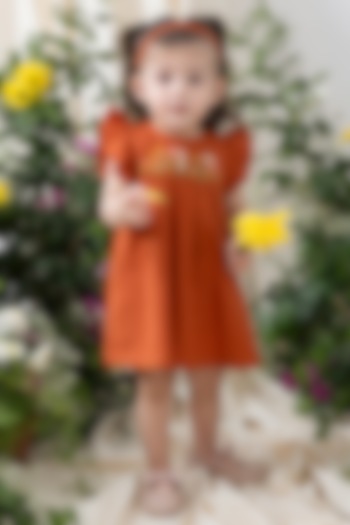 Rust Cotton Floral Embroidered Dress For Girls by Tiber Taber at Pernia's Pop Up Shop