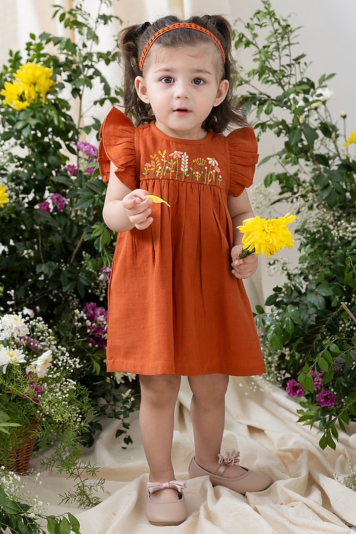 Rust Cotton Floral Embroidered Dress For Girls by Tiber Taber at Pernia's Pop Up Shop