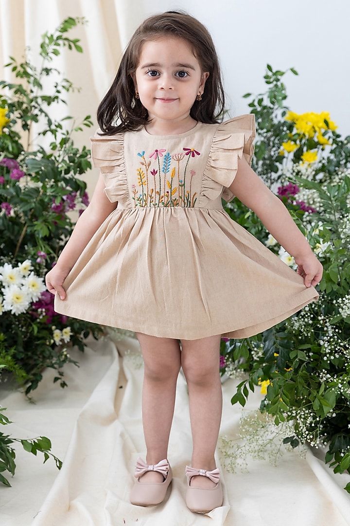 Beige Cotton Floral Embroidered Dress For Girls by Tiber Taber at Pernia's Pop Up Shop