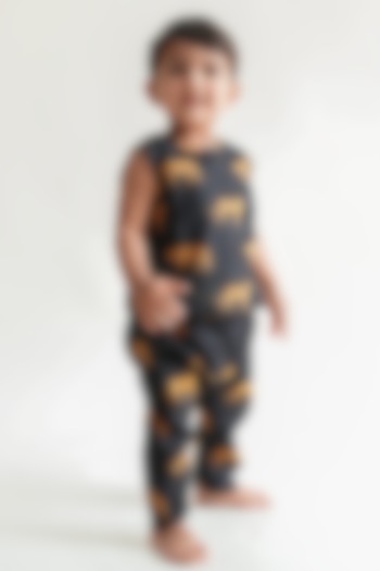 Black Cotton Printed Jhabla Set For Kids by Tiber Taber at Pernia's Pop Up Shop