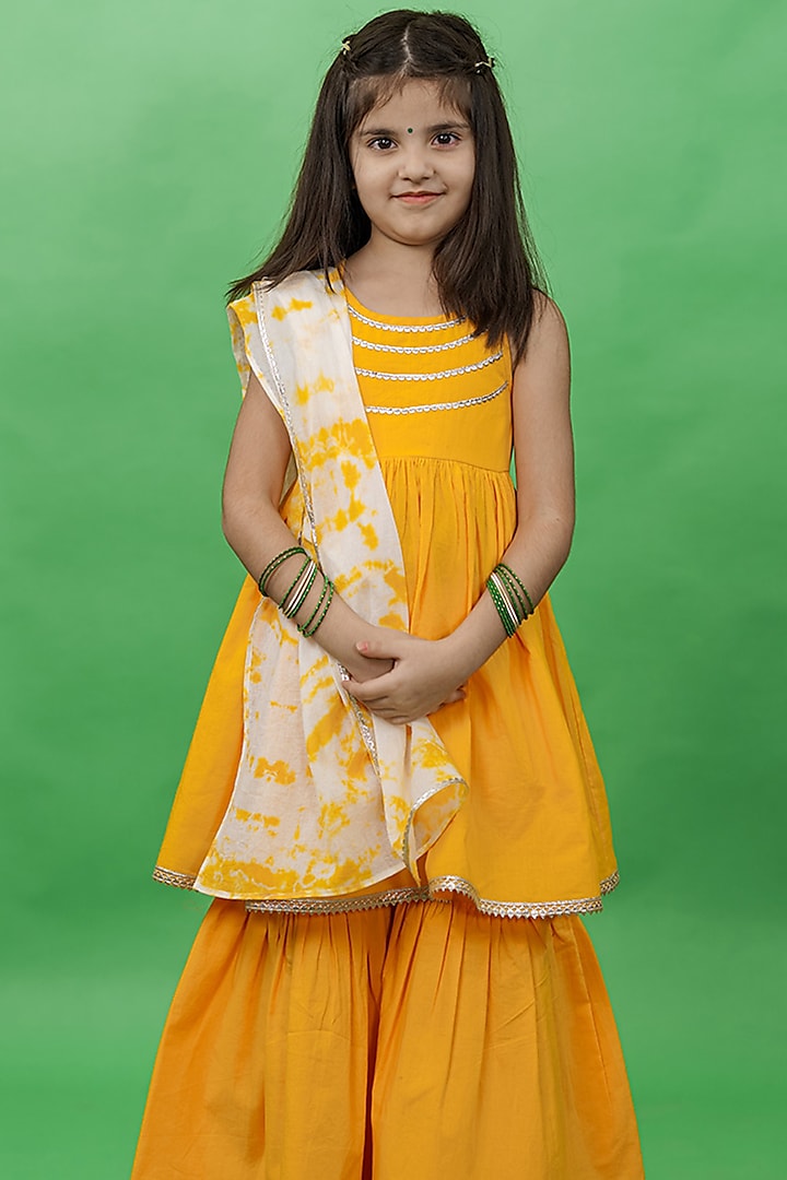 Yellow Cotton Sharara Set For Girls by Tiber Taber