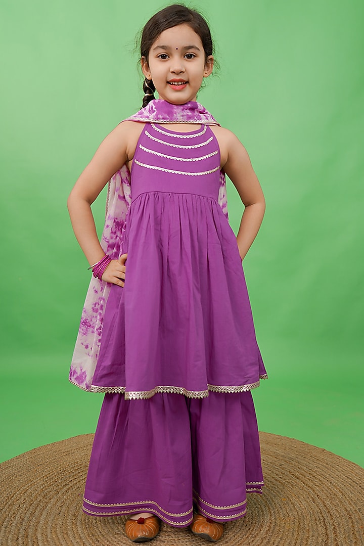 Purple Cotton Sharara Set For Girls by Tiber Taber