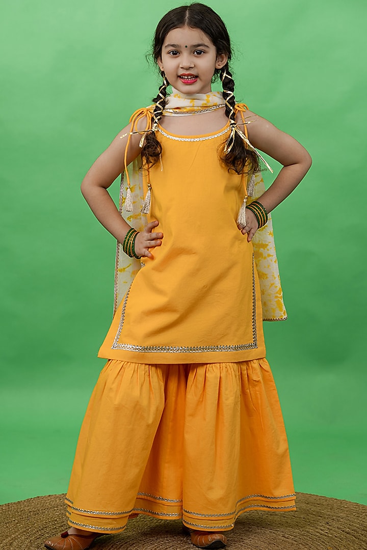 Yellow Pure Cotton Sharara Set For Girls by Tiber Taber