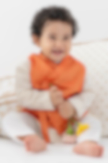Orange Cotton Lurex Striped Bundi Jacket Set For Boys by Tiber Taber