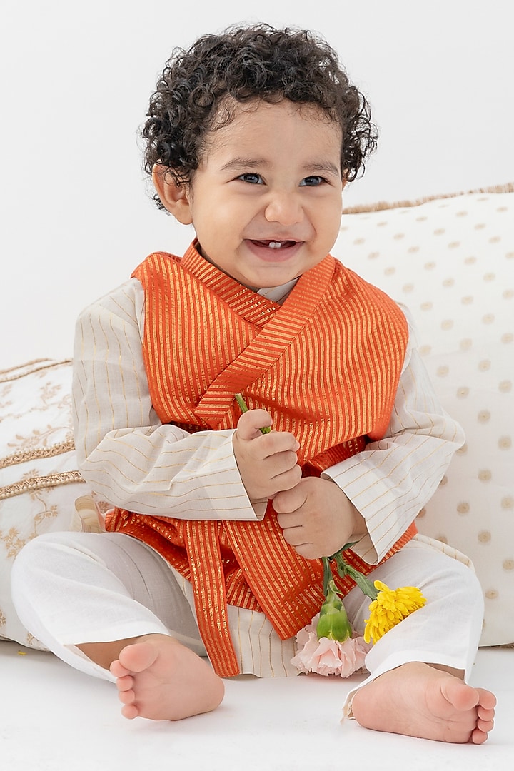 Orange Cotton Lurex Striped Bundi Jacket Set For Boys by Tiber Taber