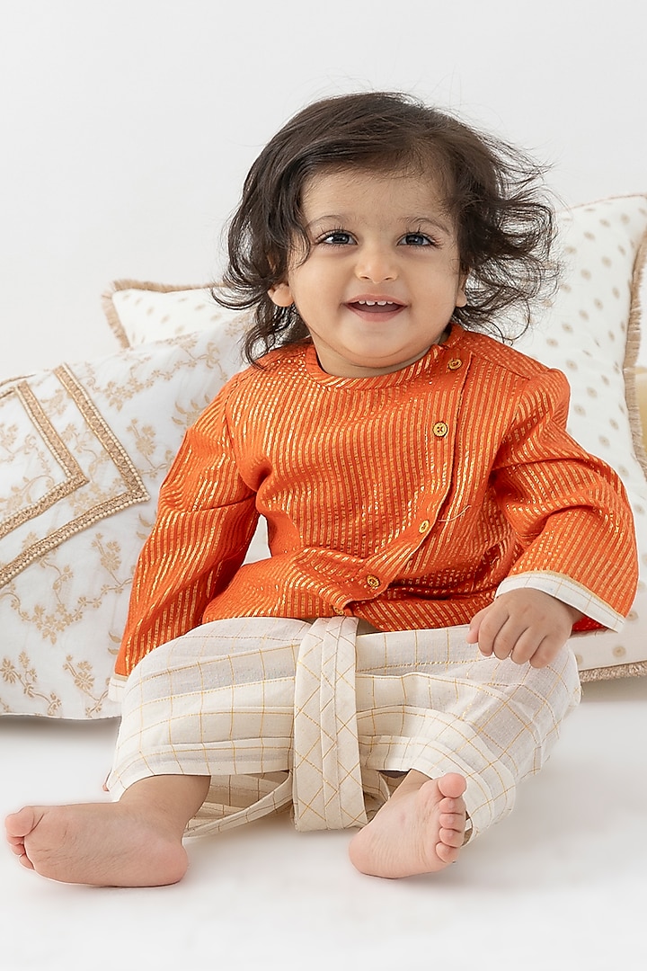 Orange Cotton Lurex Striped Kurta Set For Boys by Tiber Taber