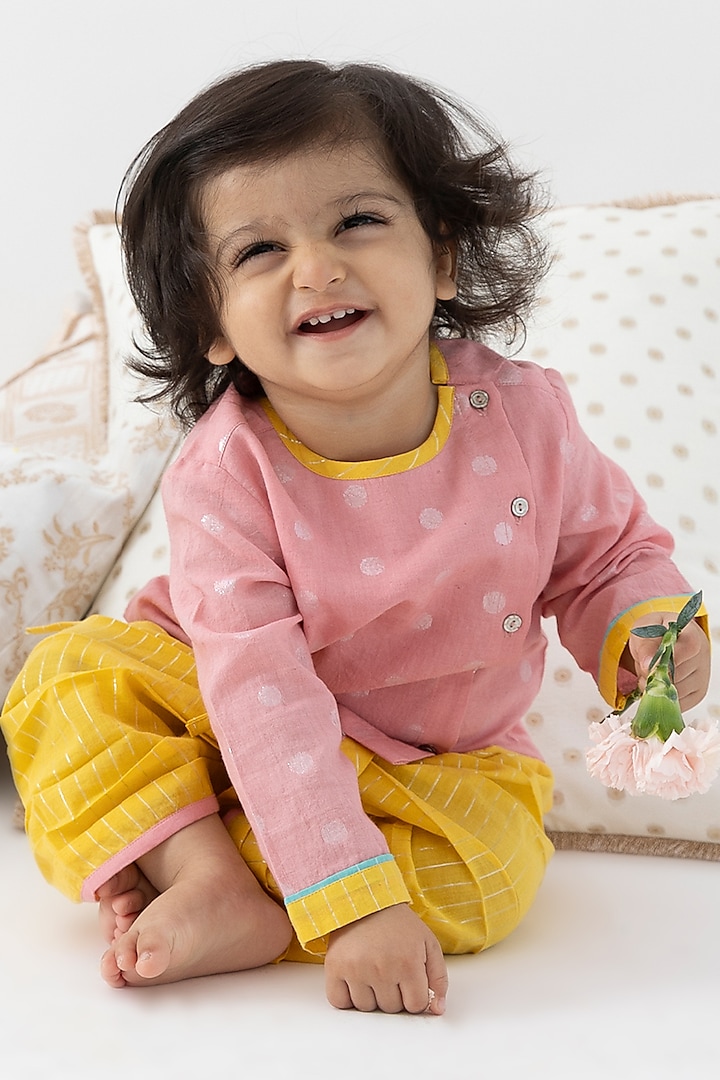 Pink Cotton Lurex Polka Dot Printed Kurta Set For Boys by Tiber Taber