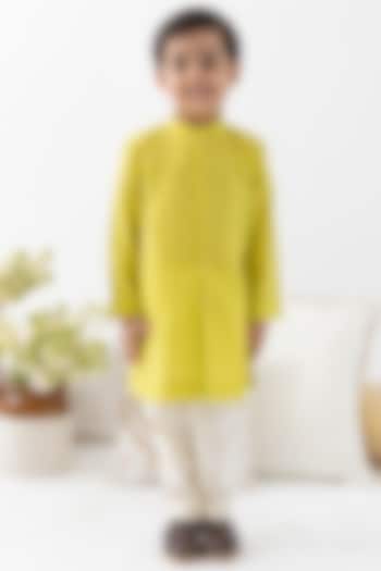 Green Cotton Lurex Striped Kurta Set For Boys by Tiber Taber