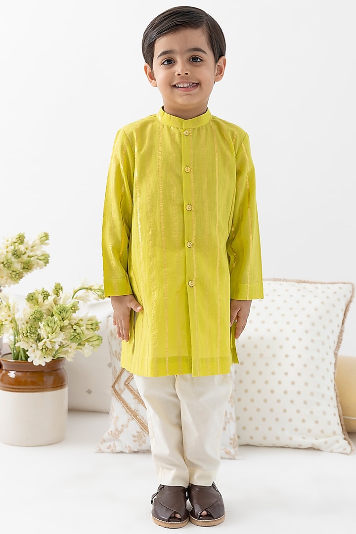 Green Cotton Lurex Striped Kurta Set For Boys by Tiber Taber