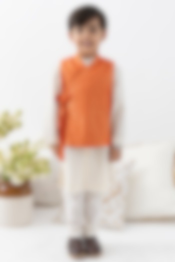 Orange Cotton Lurex Striped Bundi Jacket Set For Boys by Tiber Taber