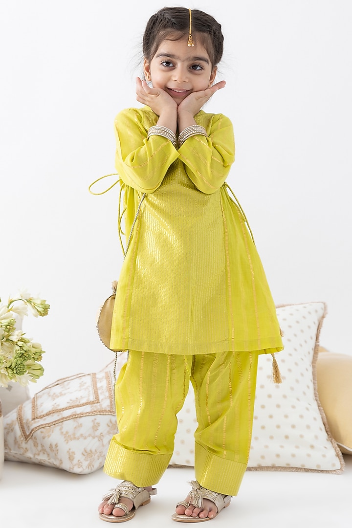 Green Cotton Lurex Striped Kurta Set For Girls by Tiber Taber at Pernia's Pop Up Shop