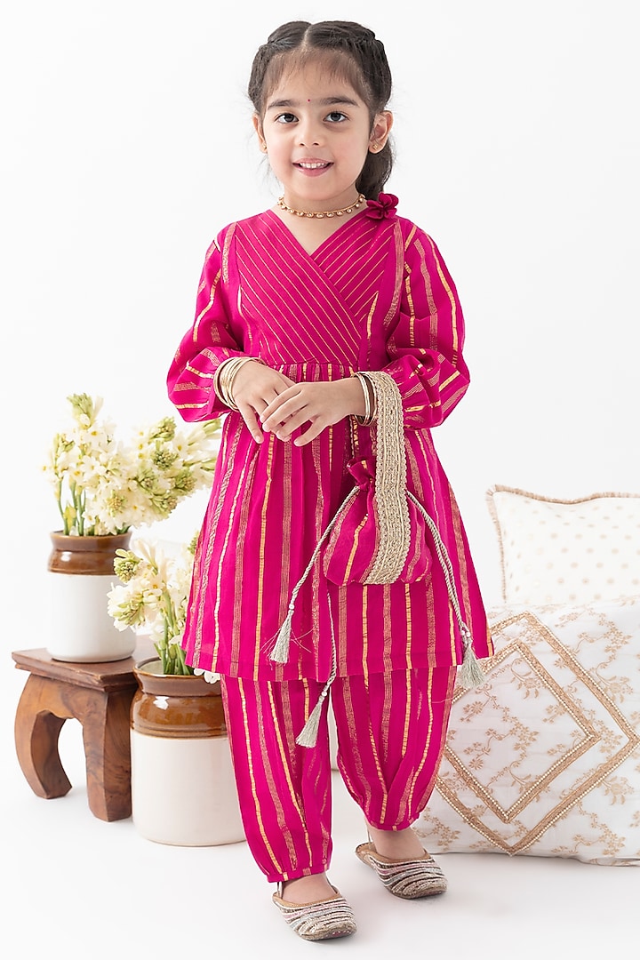 Pink Cotton Lurex Striped Kurta Set For Girls by Tiber Taber at Pernia's Pop Up Shop