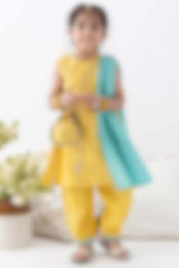 Yellow Cotton Lurex Striped Kurta Set For Girls by Tiber Taber at Pernia's Pop Up Shop
