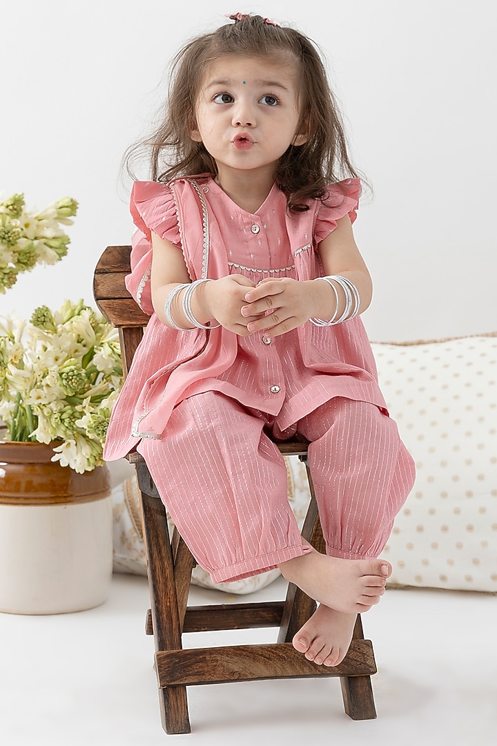 Pink Cotton Lurex Striped Kurta Set For Girls by Tiber Taber at Pernia's Pop Up Shop