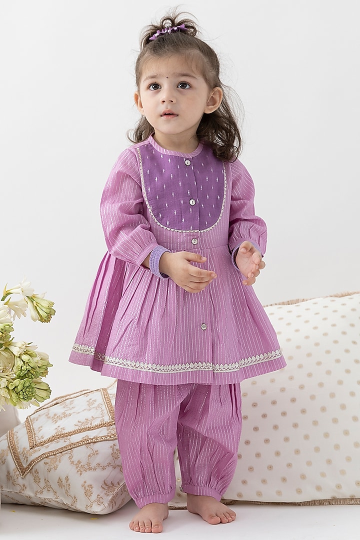 Purple Cotton Lurex Striped Kurta Set For Girls by Tiber Taber at Pernia's Pop Up Shop