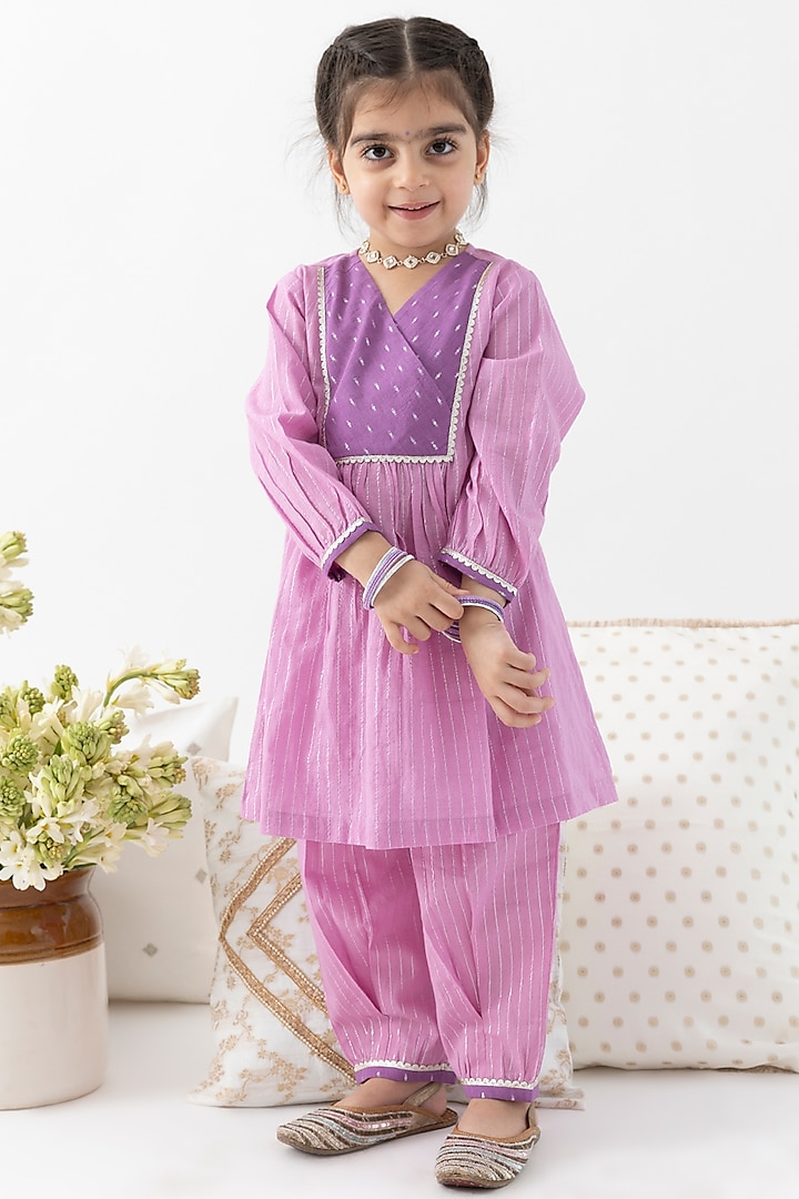 Purple Cotton Lurex Striped Kurta Set For Girls by Tiber Taber at Pernia's Pop Up Shop