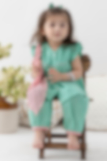 Green Cotton Lurex Striped Kurta Set For Girls by Tiber Taber at Pernia's Pop Up Shop