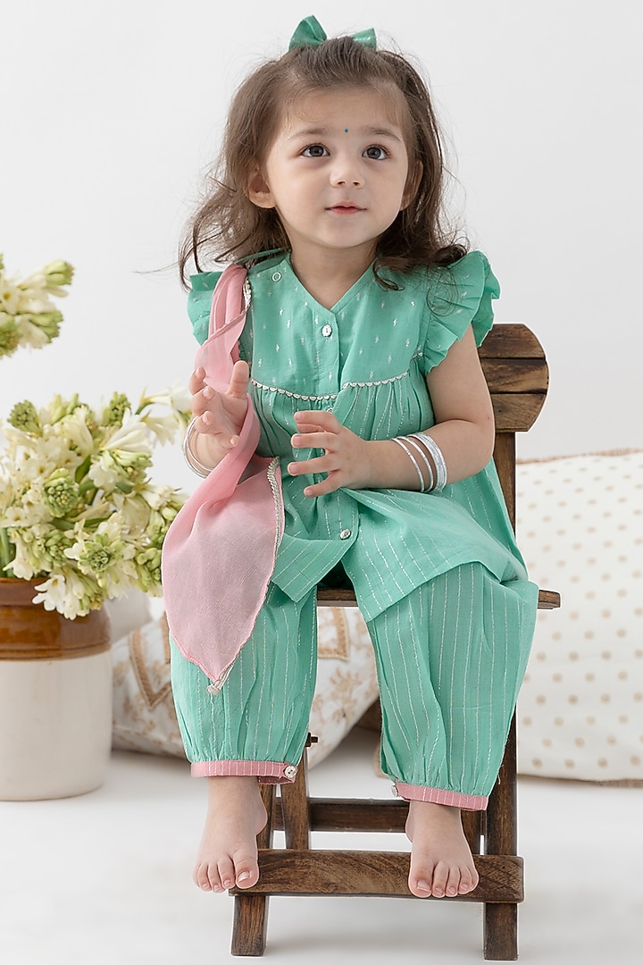 Green Cotton Lurex Striped Kurta Set For Girls by Tiber Taber at Pernia's Pop Up Shop