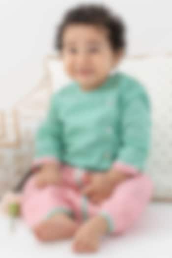 Green Cotton Lurex Striped Kurta Set For Boys by Tiber Taber