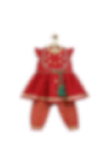 Red Chanderi Silk Embroidered Angrakha Kurta Set For Girls by Tiber Taber at Pernia's Pop Up Shop