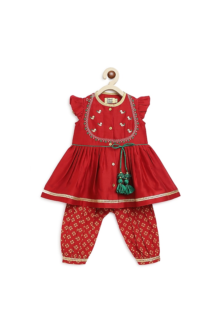 Red Chanderi Silk Embroidered Angrakha Kurta Set For Girls by Tiber Taber at Pernia's Pop Up Shop