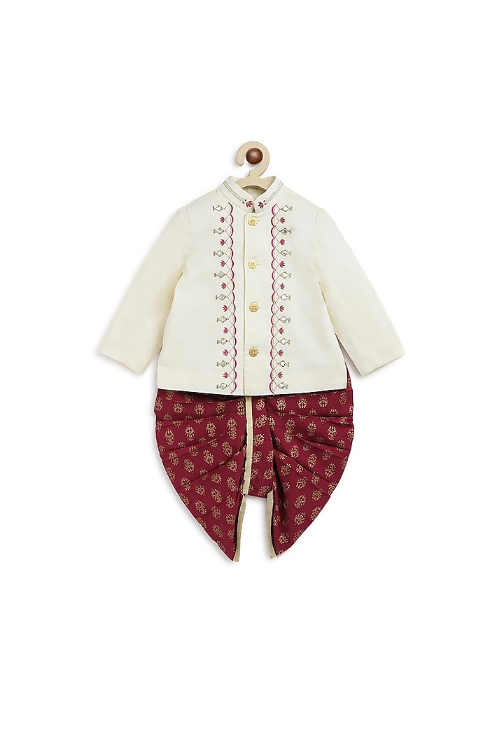 Maroon Cotton Poplin Printed Dhoti Set For Boys by Tiber Taber