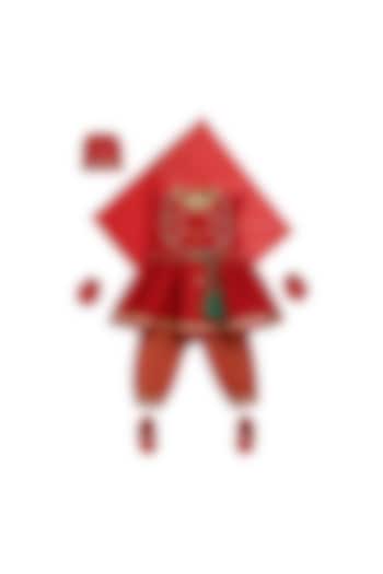 Red Cotton Silk Chanderi Embroidered Angrakha Kurta Set For Girls by Tiber Taber at Pernia's Pop Up Shop