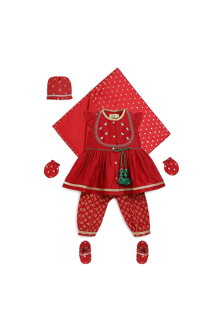 Red Cotton Silk Chanderi Embroidered Angrakha Kurta Set For Girls by Tiber Taber at Pernia's Pop Up Shop